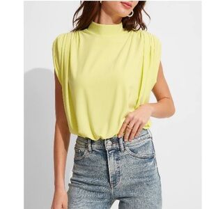 Express lime yellow draped mock neck open back thong sleeveless Bodysuit size M